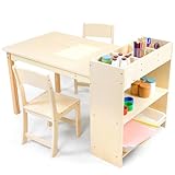Puecrof Kinder Kunsttisch und 2 Stühle Set, Birkenholz Kinderschreibtisch mit Stauraum, Aktivitätstisch für Basteln und Malen, 106x58cm