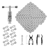 Fahrradkette - 6/7/8 Fach Fahrrad Kette 1/2 x 3/32 Inch 116 Glieder - Kettenwerkzeug Set - Aluminiumlegierung - Kettenbrecher - Für die Kettenreparatur von Mountainbike, Rennrad (Silber)