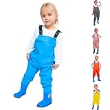 Kinder-Wathose für Jungen und Mädchen,Verstellbare Träger,Rückenschnalle Design,wasserdichte Regenhose mit Stiefeln, Wathose für Jugendliche Comfort