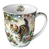 Ambiente Tasse Porzellan 0,4 l Jumbotasse Henkelbecher Kaffeetasse Teetasse Katzen Winter Schnee Advent Weihnachtstasse