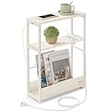 VASAGLE Beistelltisch schmal, Nachttisch mit Ladefunktion, Couchtisch klein, 3 Ablagen, Zeitschriftenhalter, für Wohnzimmer, Schlafzimmer, Arbeitszimmer, cremeweiß LET335W02