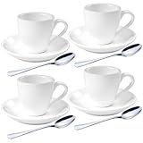 homEdge Espresso-Schnapsbecher-Set aus Porzellan mit Untertassen und Edelstahllöffeln, 80 ml, Weiß, 4 Stück