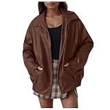 Viunychn Lederjacke Damen Schwarz Lang Braun Oversize Bomber Bomberjacke Leder Bikerjacke Lederjacken Motorrad Kunstlederjacke Braune Motorrad Jacke Streetwear Leather Jacket Woman