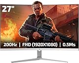 GAMEPOWER Vivid T50 weiß Curved Gaming Monitor, 27 Zoll 200Hz, Full HD 1080P VA Gebogen-Display, 0,5ms HDR, Rahmenloser PC-Bildschirm mit FreeSync & G-Sync, 125% sRGB, Integrierte Lautsprecher