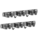 Radikor Besenhalterung Wand, Selbstklebender Besenhalter mit 3 Halter und 2 Haken, Edelstahl Gerätehalter Schraubbar, Gartengerätehalter Gartengeräte Halterung, Besen Mop Halter, Schwarz (2 Pack)