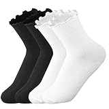 Yolev 2 Paar Socken mit Rüschen Damen Baumwoll Faltensocken Weiße und Schwarze Trachtensocken Rüschen Socken Mädchen für Münchner Oktoberfest Florsocken Partykleidung Rüschensocken Damen