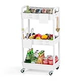 FoiiLiio 3-stöckiger Rollwagen aus Kunststoff,Aufbewahrungswagen,Küchenwagen,Servierwagen mit extra hängenden Bechern,Nischenregal für Büros,Küchen,Waschräume,Badezimmer,Weiß