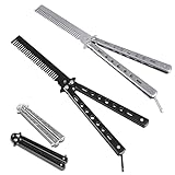 Schmetterlings Kamm, Molbory 2 Stück Butterfly Kamm Messer Trainer Edelstahl Faltbarer, Taschenkamm Frühlings Haar Kamm für Haar Barberkamm Haarstyling Zubehör(Silber & Schwarz)