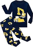 EULLA Kinder Jungen Schlafanzug Langarm Baumwolle Winter Pyjama Set Bagger Zweiteiliger Nachtwäsche 2 Jahre alt Größe 92 A-Dunkelblau Bagger DE 92