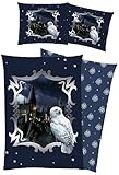 Harry Potter Bettwäsche Stars Blau 135 x 200 + 80 x 80 cm 100% Baumwolle Renforcé-Linon-Qualität Hogwarts Hedwig Eule Gryffindor Hufflepuff Ravenclaw Slytherin mit Reißverschluss deutsche Größe