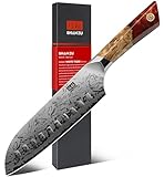 SHAN ZU Damast Santokumesser, 18cm Japanisches Küchenmesser aus SG2-Pulverstahl, Handgeschmiedetes Profi Kochmesser aus 91 Schichten Damaststahl, Ergonomischer Ahorngriff – WHITE TIGER Series