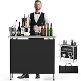 VINGLI Tragbarer Bartisch, 3-stöckige Regale, mobiler Bartisch für Veranstaltungen, Party, Camping, Picknick, Messe, Innenbereich, mit schwarzem Rock, 99 cm L x 86,4 cm H