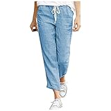 Sommerhose Damen 7/8 - Musselin Hose Damen Lang Mit Kordelzug Gerades Bein Leinenhose Leicht Und Luftig Baumwolle Leinen Hose Boho Strandhose Pumphosecasual Sommerhose Yogahose Leicht Freizeithose