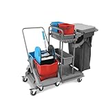 Hypafol Putzwagen Reinigungswagen | 2x5 l + 2x18 l Eimer | Doppelfahrwagen mit Moppresse, Utensilbehälter & Abfall-Eimer | für Gebäudereinigung, Hotelservice, Gastronomie, Großküche, Büros oder Arzt