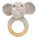Joliecraft Waldland Holz Baby Rassel Greifling, Babyrassel Holzspielzeug Beißring für Mädchen und Junge, Geschenk zur Geburt Grauer Elefant