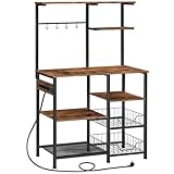 HOOBRO Küchenregal, Bäckerregal mit Steckdosenleiste, 6-lagiges Mikrowellenregal mit 4 Haken, Kaffeebar Station, Aufbewahrungseinheit mit Netzkorb, für Küche, Vintagebraun und Schwarz EBF64CHB01