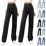 VgguDoe Jeanshosen Damen High Waist,Jeans Damen Straight,Y2K Jeans Mädchen,Denimhose mit Knopfleiste,Elegant Bequeme Pants,Freizeithose für Frauen 2pc Schwarz+Schwarz 5XL