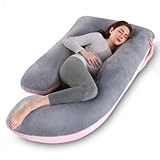 Avmvnvc Schwangerschaftskissen, J-förmiges Ganzkörperkissen, Stillkissen XXL, Extra Großes Seitenschläferkissen zum Schlafen für Schwangere mit Abnehmbarem und Waschbarem (Rosa & Grau, Samt)