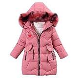 linboo Mädchen Winterjacke Kinder Wintermantel Dicke Steppjacke Lange Warme Parka Baumwolljacke Outdoor Mantel mit Fellkapuze und Love Stickdruck, Rosenrot, 152-158 (Etikettengröße: 160)