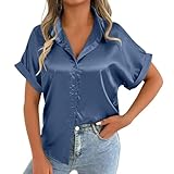 2025 Blusen, Satin, Button-Down-Shirt, Damen, V-Ausschnitt, Seidenbluse, lässig, kurzärmelig, Arbeitstunika, Oberteil, navy, XXL