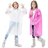 2 Stück Regenmantel Kinder, Regenponcho Kinder, Wiederverwendbar Wasserdicht Regencape Kinder mit Kapuze und Ärmeln, Eva Regenschutz Kinder, für Mädchen Jungen Wandern Camping Reisen（weiß, rosa）