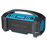 MEDION E66050 DAB+ Baustellenradio (Integrierter Akku, IP54 Schutz gegen Spritzwasser & Staub, USB-Ladefunktion, Bluetooth 5.0, PLL UKW Radio, LED-Arbeitslicht, Akku- oder Netzbetrieb) blau