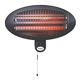 Perel Terrassenheizer 2000W Quarz, IP34 spritzwassergeschützt, Wandmontage mit Zugschalter, 3 Heizstufen, 45° neigbar Außenheizer für Terrasse Balkon Veranda Garten schwarz