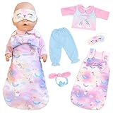 Babypuppen Kleidung für 16-18 Zoll Babypuppen, 40-45 cm süße Puppenkleidung Outfits mit Schlafsack + Augenklappe + Pyjama + Hose + Stirnband, rosa Puppenkleidung 43cm, als Geschenk für Mädchen