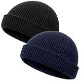 vidsel Dünne Wollmütze für Herren und Damen, Herbst und Winter, kurze Strickmütze mit Bündchen, modische Trawler-Totenkopfkappe, Uhrenkappe, 2-Schwarz, Marineblau, 6 1/2-7 3/8