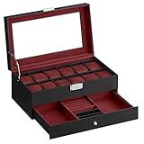 SONGMICS Uhrenbox, Uhrenkasten mit Glasdeckel, 2 Ebenen, für 12 Uhr, abschließbar, 1 Schublade, für Ringe, Armbänder, Geschenkidee, PU-Bezug in Schwarz, Innenfutter in Weinrot JWB012R01