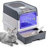 Katzenklo, Katzentoilette mit UV-Sterilisation, Großes Katzenklo mit Deckel, Geruchskontrolle, Katzenklo Geschlossen mit Schaufel & Schublade, Katzenklo groß, Leichte Reinigung, 48x35x36cm, Grau
