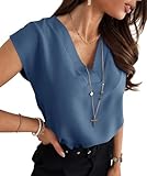 Cicy Bell Bluse Damen Ärmellose V-Ausschnitt Tops Sommer Elegant Cap Sleeve T Shirts Casual Lose Einfarbig Oberteile Blau M