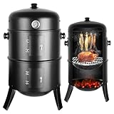 Räucherofen, Räuchertonne Räuchergrill mit Grillrost Edelstahl, 3 in1 Holzkohlegrill Smoker Grill, mit Thermometer, Regulierbare Belüftungsöffnungen, Wasserschale Emaille, Räuchern Räucherofen