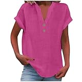 KOG Damen Shirt Freizeit Baumwolle Leinen Longshirt Vintage Kurzarm Oberteile Longbluse Lässig Blusenshirt Sale Damen Frauen Rundhals Slim Fit Tops Meine Bestellungen Anzeigen Knalliges Pink XXL