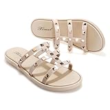 Flach Sandalen für Damen, Sommer Elegant Riemchensandalen Bequem Sandaletten, Breite Römersandalen Schuhe Schwarz Weiß Sandals Sommerschuhe, Beige, 42 EU