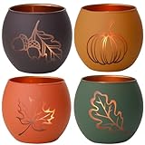 4er Set Teelichthalter aus Glas mit Herbstmotiven - Lasergravur kerzenhalter von Ahornblättern, Kürbissen, Haselnüssen - Deko für Herbst, Thanksgiving, Erntedank-Dekoration, Tischdeko, Geschenk