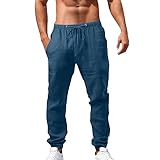 Leinenhose für Herren, leicht, Sommer, Sporthose, hohe Taille, Herren, breite Hose, Herren, elastische Taille, mit Taschen, Kordelzug, atmungsaktiv, lässig, Strand, Urlaub Sommer