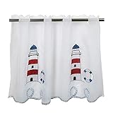 Delindo Lifestyle® Scheibengardine Leuchtturm für Küche, Bad und Kinderzimmer, weiße Gardine mit maritimen Motiv, 45x85 cm, Moderne und transparente Bistrogardine
