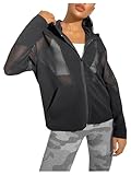 GORGLITTER Damen Sportjacke Atmungsaktive Laufjacke Langarm Running-Jacken Yoga Fitness Sportjacke mit Kapuze und Fischnetz Schwarz S
