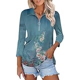 CGGMVCG Lässiges Poloshirt für Damen, Blumendruck, V-Ausschnitt, 3/4-Ärmel, Oberteil, Viertelreißverschluss, Kragen, Bluse, Tops für Damen, trendiger Sommer, blau, XL