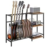 MAHANCRIS Gitarrenständer für 7 Akustik-, E-Gitarre, Bass, Schallplattenständer, Alben, Vinyl Schallplatten Lagerung, Schaumstoffummantelt, für Musikstudio, Vintagebraun und Schwarz AGSHR9701N1