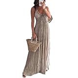 Lässiges, Schulterfreies Neckholder-Kleid für den Sommer, professionelles Damenkleid, modischer V-Ausschnitt, Schnürung, Rüschenkleid, eleganter Damen-Plissee-A-Linienrock-02 Khaki-M