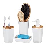 Relaxdays Badaccessoires Set, 4 teilig, modern, Zahnputzbecher, Seifenschale & Seifenspender, Kunststoff & Bambus, weiß, 17,5 x 7 x 7 cm