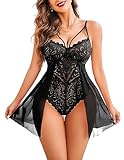 Avidlove Damen Babydoll Spitze Body Sexy Bodysuit Lingerie Corsage Reizwäsche V Ausschnitt Teddy One Piece Dessous Für Frauen Schwarz L