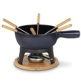 La Fonderie 1890, Fondue-Set aus Gusseisen für 6 Personen MONT JOUX, Käse- und Schokoladenfondues, 6 Gabeln mit Buchenholzgriffen, Sockel aus Naturholz, Kapazität 1,8L
