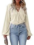 CUPSHE Damen Blusen V Ausschnitt Wickeloptik Plissee Oberteile Langarmshirt Falten Tunika Wickelbluse Tops Weiß M