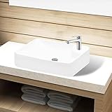 Xichuzi Keramik Waschbecken mit Hahnloch, Aufsatzwaschbecken, Bathroom Sink, Waschtisch, Ablaufgarnitur, Aufsatzbecken, weiß