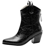 CUTEHEELS Cowboy Westernstiefeletten für Damen mit Spitzer Zehenpartie und Blockabsatz - Reißverschluss Hinten (Schwarz, 39 EU)