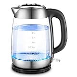 Wasserkocher mit Edelstahlfilter und Innendeckel, Teewasserkocher aus Glas mit breiter Öffnung und Warmwasserkessel, LED-Anzeige, Abschaltautomatik u