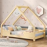 Hausbett Kinderbett 90x200cm mit Rausfallschutz Spielbett Jugendbett Massivholz in Natur